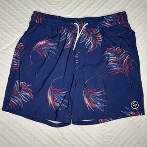 Ezekiel Blue Swim Trunks with Red, White & Blue Palm Leaf Design -size 34